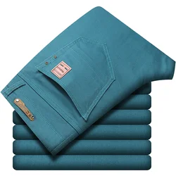 2024 Autumn New Men's Stretch Fit Jeans Bright Trendy Denim Straight-leg Trousers Male Red Lake Blue Yellow Trousers