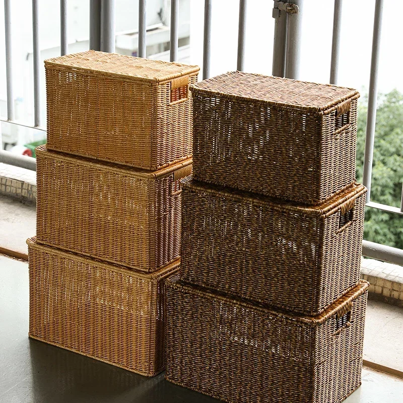 Large Storage Boxes with Cover, Cane Woven Laundry Basket, Breathable Clothes Storage Case, Natural Simple Organizer