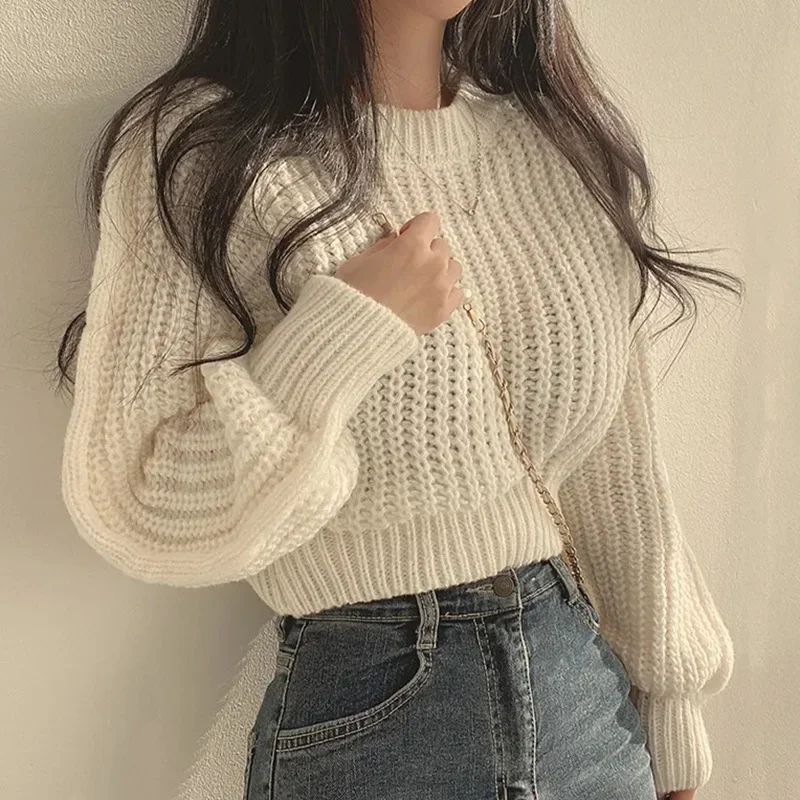 Korean Fashion Women\'s Cropped Sweaters Solid Color Round Neck Knitted Pullover Woman Fall Chic Loose Long Sleeve Jumper Tops