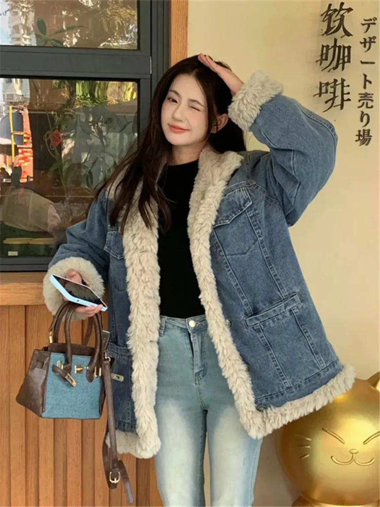 2024 Autumn Winter New Women\'s Denim Jacket Blue With Hat Hoodie Fashion Oversize Thick Lamb Wool Streetwear Cowboy Outerwears