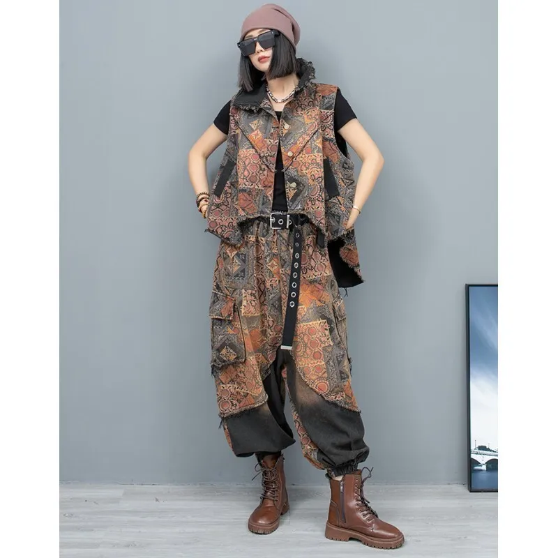 2024 Summer New Trendy Personality Print Distressed Denim Irregular Vest + Large Crotch Pants Two-piece Set Women LX323