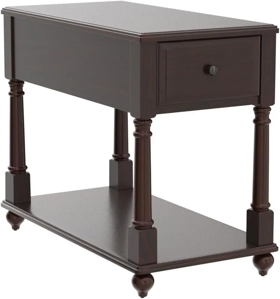 طاولة ذات نهاية ضيقة مع درج ورف، طاولة أريكة رفيعة من الخشب الصلب، 22 بوصة لتر، جوز داكن، مجموعة بدون أدوات #5