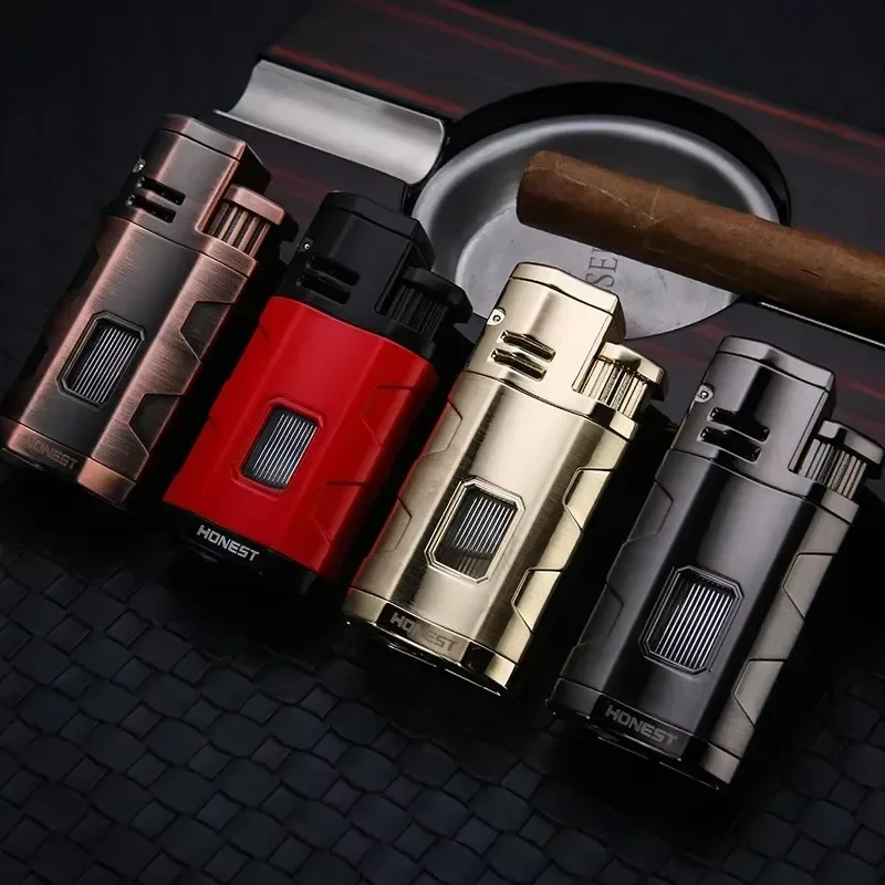 HONEST Portable 3 Fire Direct Spray Cigar Lighter Multi Functional Outdoor Metal Windproof Torch Jet Lighter Men's High End Gift