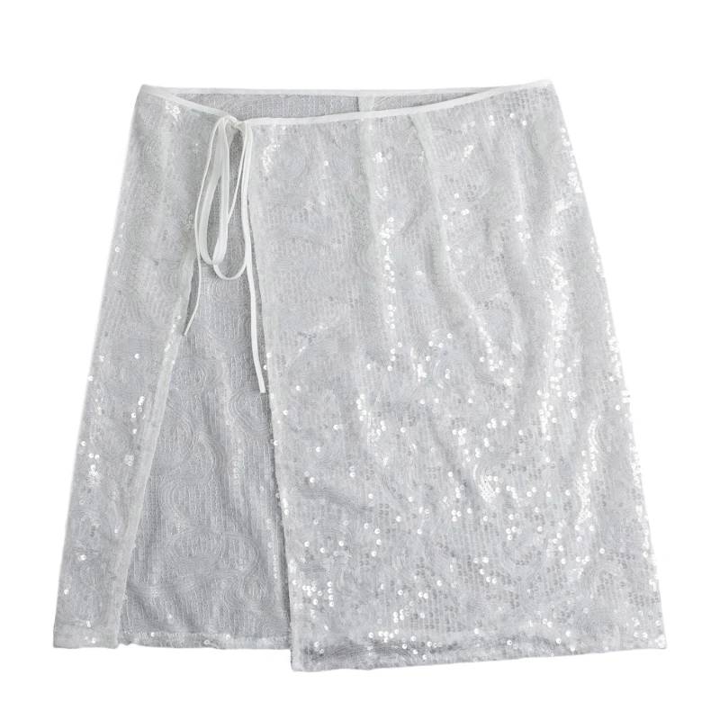 

Korean Mesh Layered Long Half Apron Skirt for Women Tie Up Sequins Hip Covering Wrap Skirt Overskirt N7YE