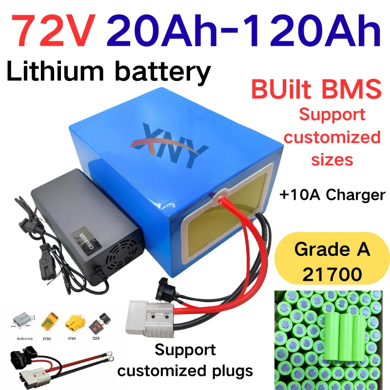 72V 100Ah Li ion With ChargerBuilt-in 100A 220A 340A BMS Lithium Polymer Battery Pack For Bike Scooter Tricycle MotorCycle