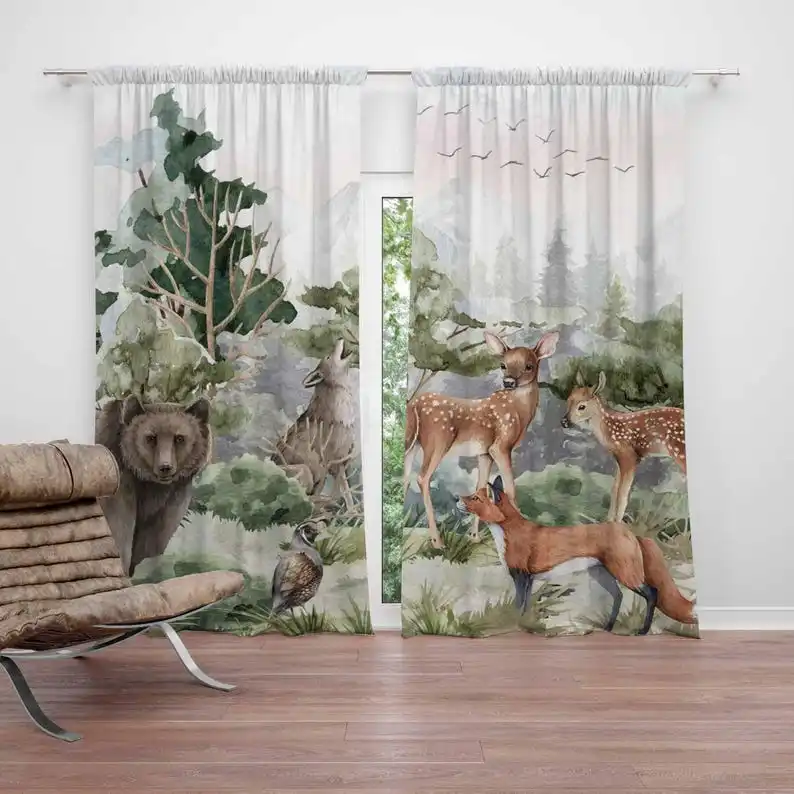Woodland Animals Curtains Kids Bedroom Curtains Playroom Black Out Nursery Decor Baby Room Curtains Bedroom Living Room Curtain
