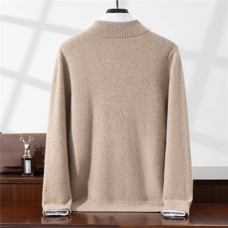 

100% Pure Wool Half Turtleneck Thickened Cardigan Men's Red Casual Sweater Jacket Fashion Stand Collar Zipper Knitwear