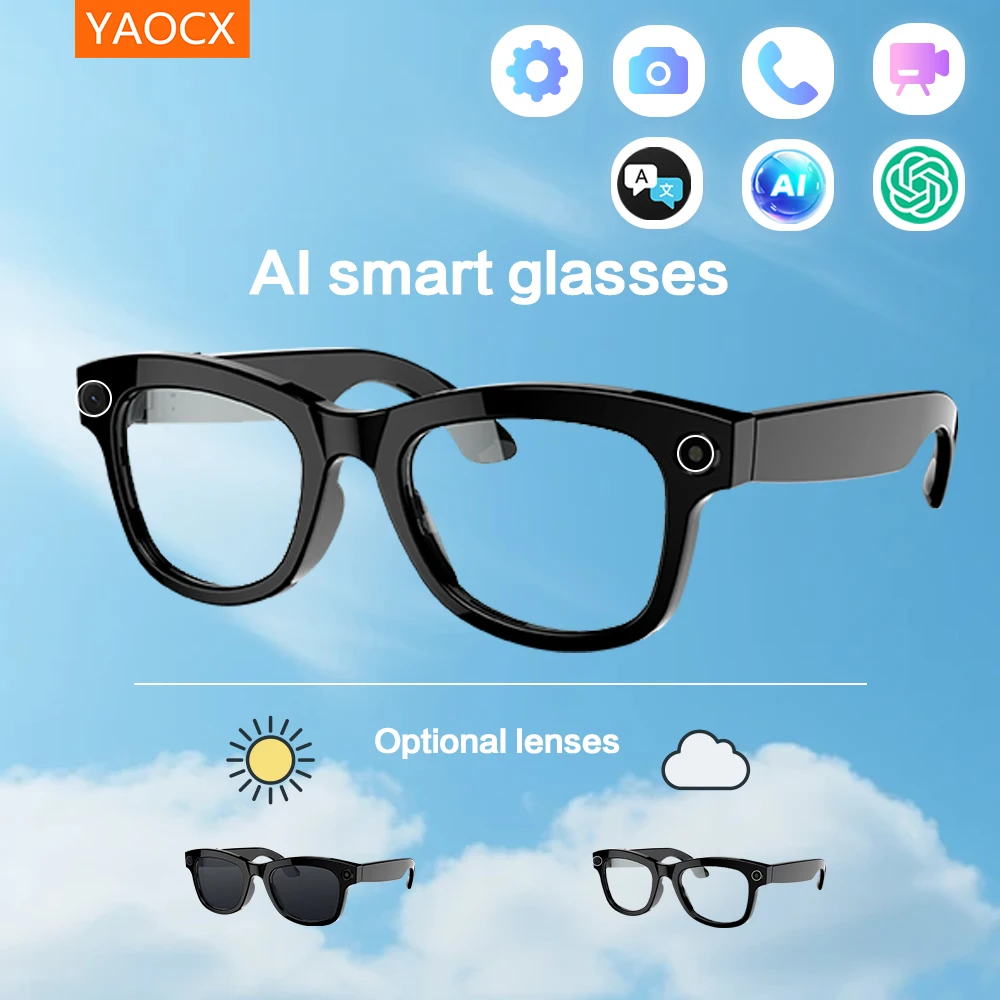 

YAOCX 800w HD AI Smart Glasses UV Protective Voice Assistant Touch Control Hands-Free Sound Surround Local Music Smart Glasses