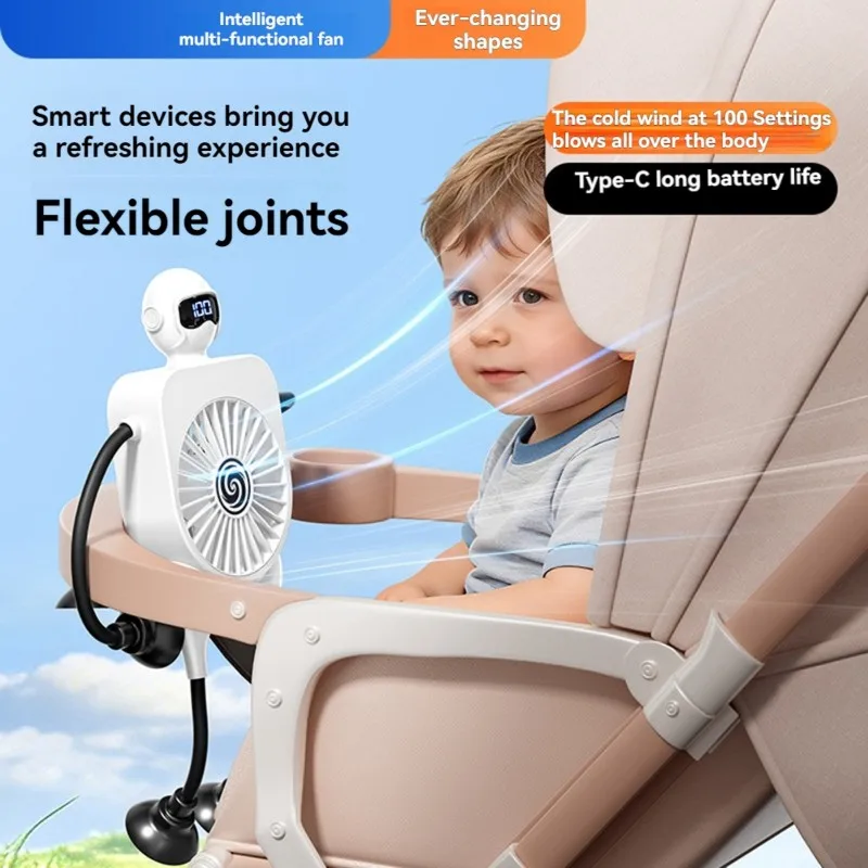 AT28-Smart Digital Display Mini Fan Robot With Suction Cup USB Cartoon Desktop Fan Versatile