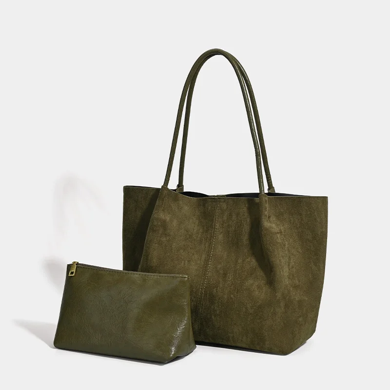 New  Women's Retro Suede Frosted Bag Casual Large Luxury Design Commuter High-end Armpit Bag Soft Handle Zipper Closed Tote Bag