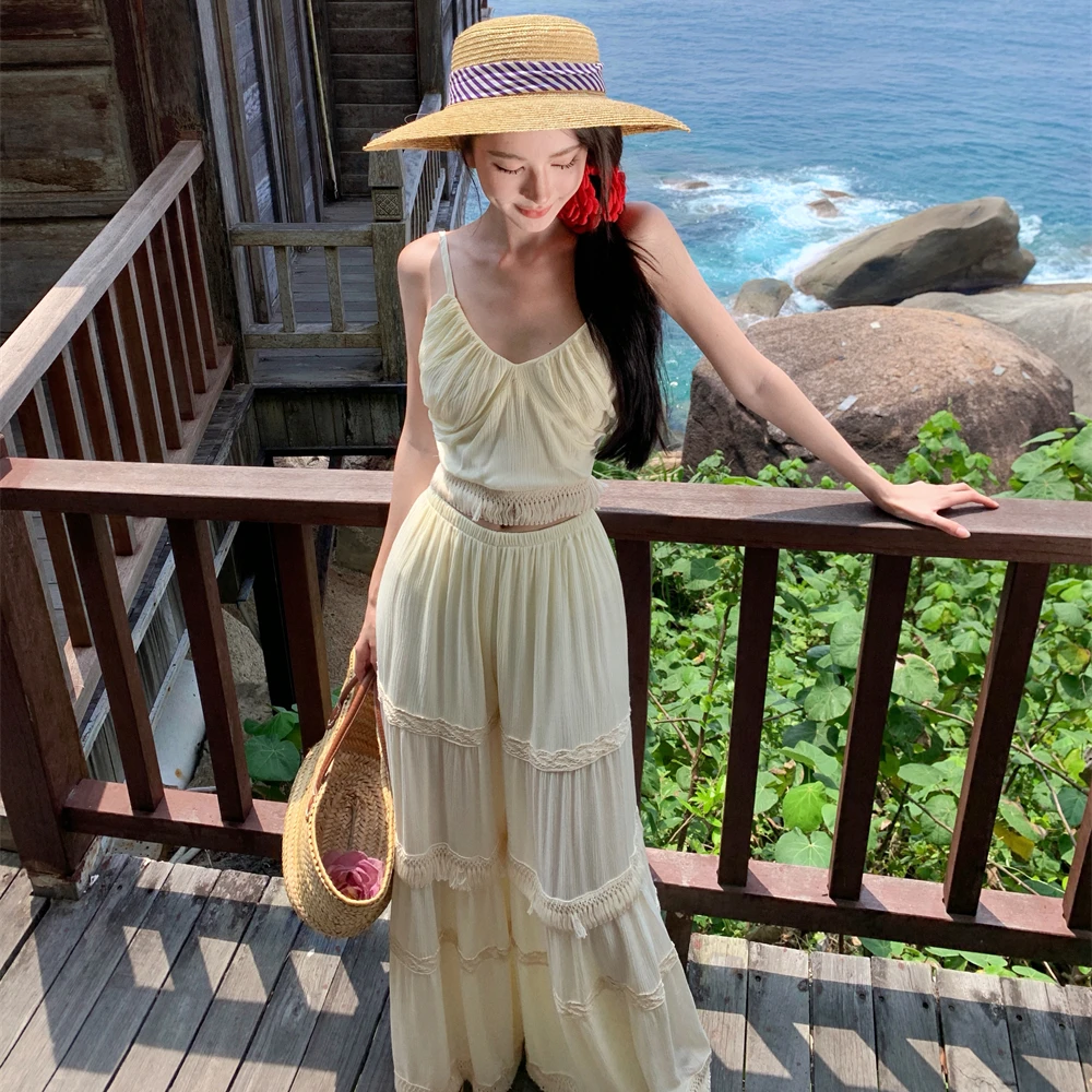 

Apricot Tassel Cropped Tops + Wide Leg Pants Women Summer Holiday Elegant Two Piece Sets Vacation Vintage Streetwear Pants Sets