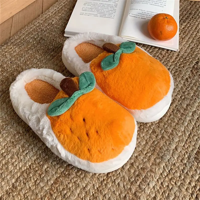 

Women Winter Warm Slippers for 2024 New Designer Fruit Orange Shoes Plush Slides Round Toe Flats Indoor House Wrap Slippers
