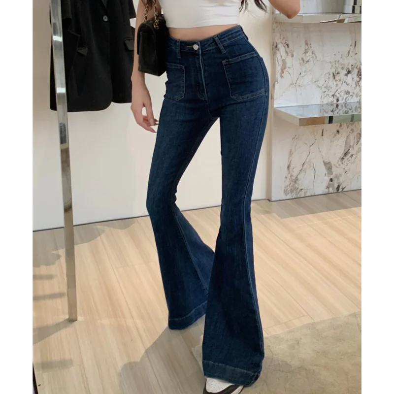 

Blue High Waist Women Jeans Flare Pants Vintage American Fashion Street Wide Leg Jean Female Denim Trouser Baggy Denim Pants