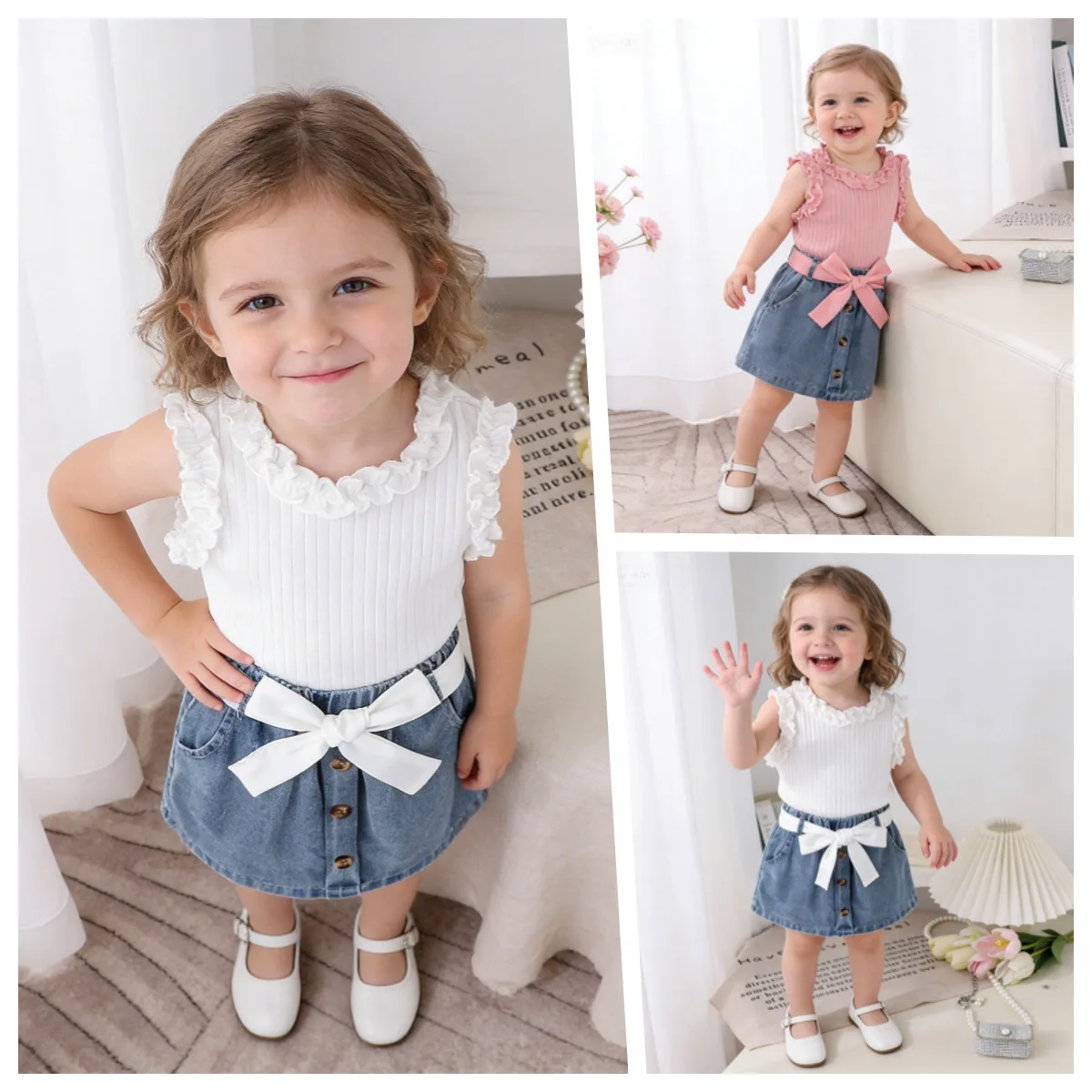 New Arrival Cute Multi-Color Baby Girls' Outfits Round-Neck Ruffled Sleeve Vest Denim Skirt 2-piece Set3639