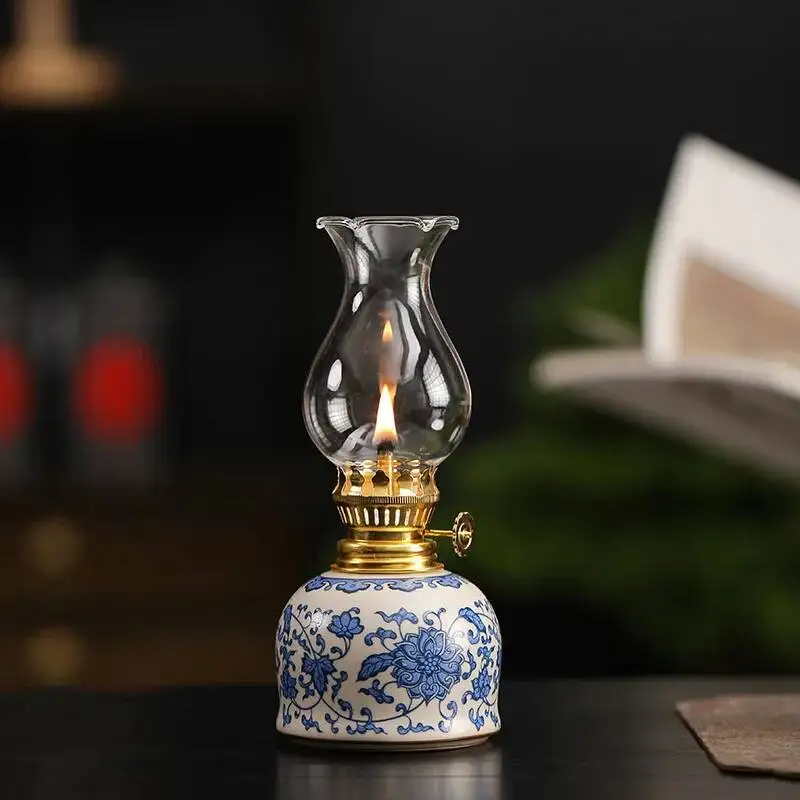 Vintage Ceramic Butter Lamp Traditional Tea Room Home Decor Wick Antique Buddha Lighting Lamp Atmosphere Lamp Decoration