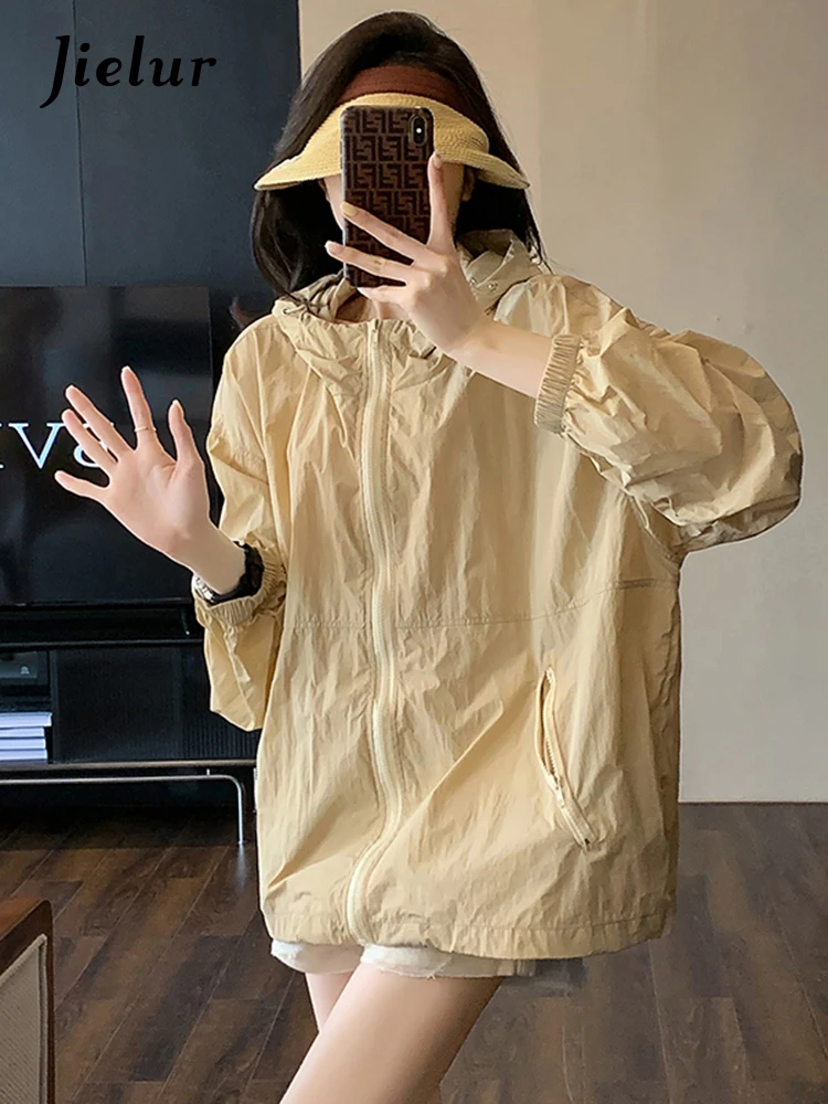 

Jielur Pure Color Slim New Fashion Women's Trench Drawstring Hooded Chic Zipper Pockets Simple Female Trench Basic Office Ladies