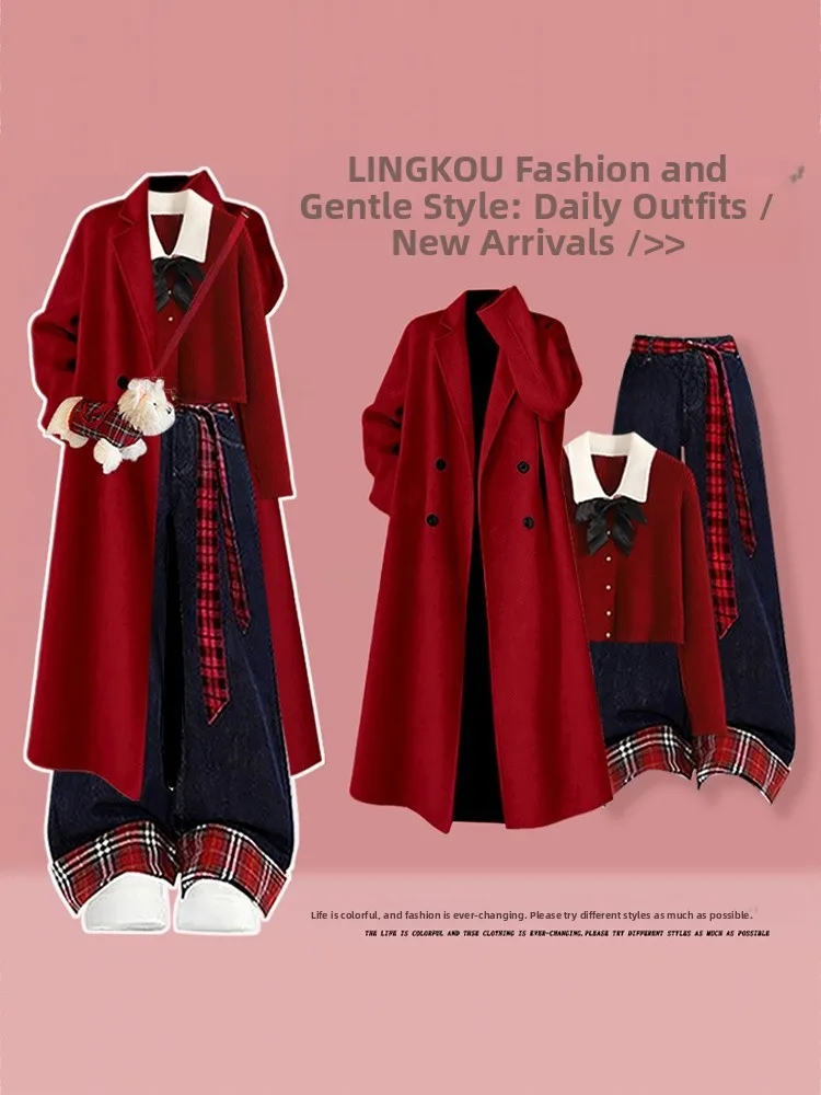 

Комплект Cisas: вязаный свитер и джинсы, женский модный костюм больших размеров, осенне-зимний, красный, верхняя одежда, комплект из двух предметов, корейский стиль