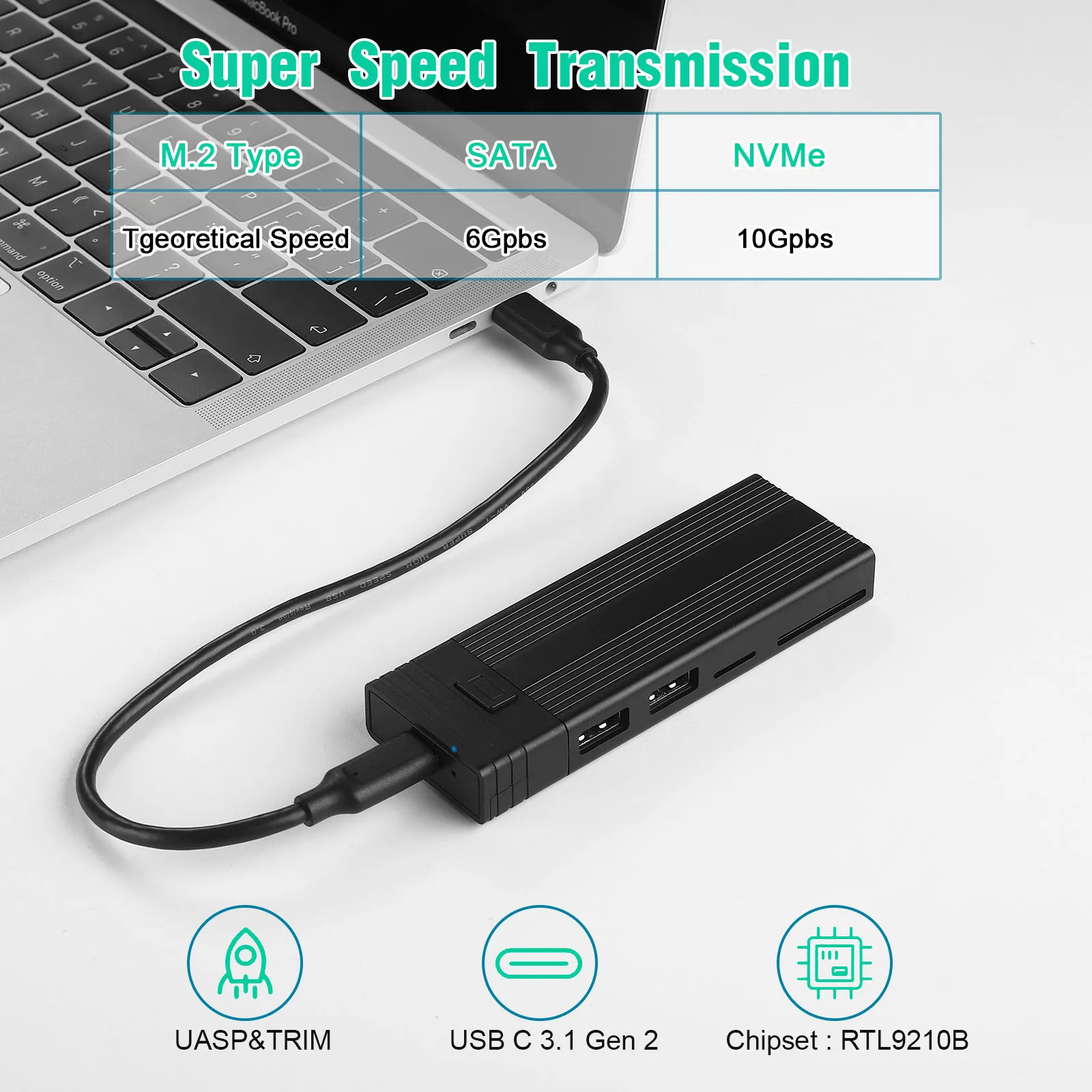 5 in 1 USB HUB With Disk Storage Function USB Docking Station M2 NVMe/SATA SSD Enlcosure Case 10gbps For Macbook Pro Air