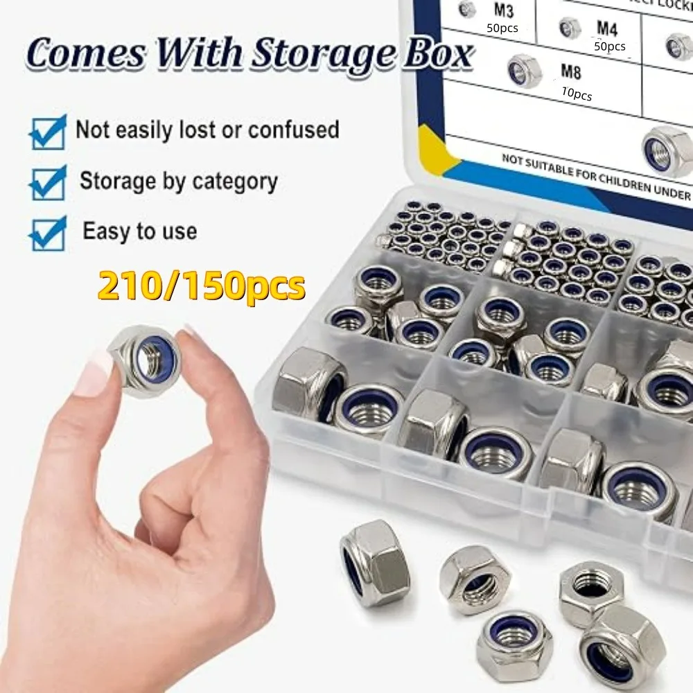 210/150pcs Hexagonal Self-locking Nut Combination Kit Nylon Embedded Lock Nut M3-M8 Fully Threaded Fasteners for Repair Parts