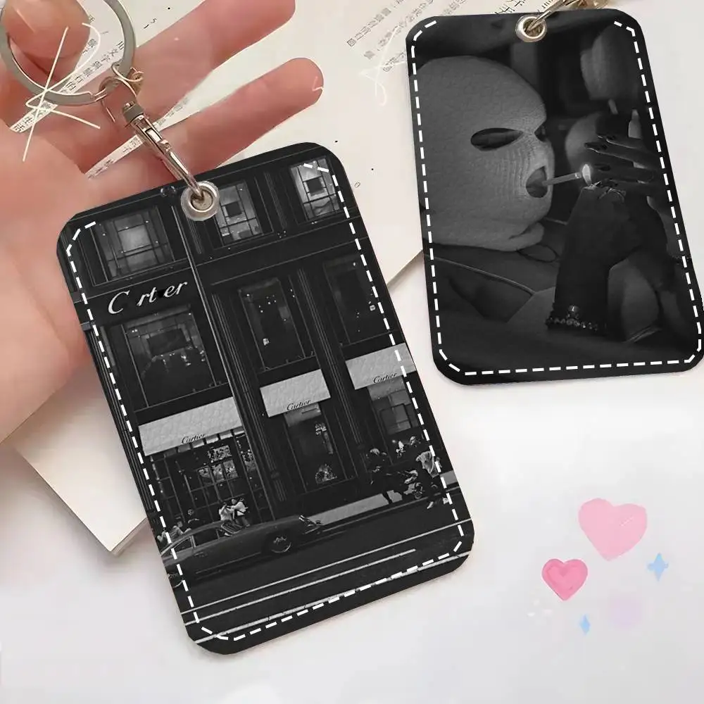 1pc Black Colour Cool Trendy Card Case Keychain Access Card Bag Key Tag Ring Leather Card Holder Key Ring Access