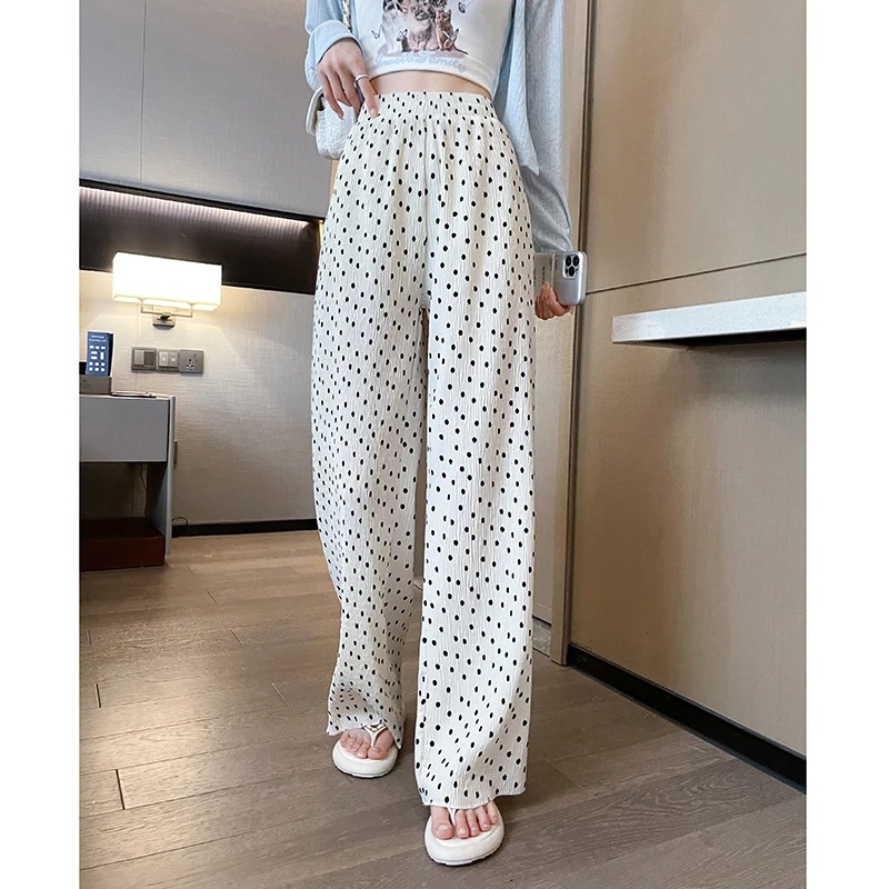 QOERLIN Polka Dot Pleated Pants Women Summer 2024 New High Waist Wide Leg Loose Casual Trousers Female Straight Pants Trendy