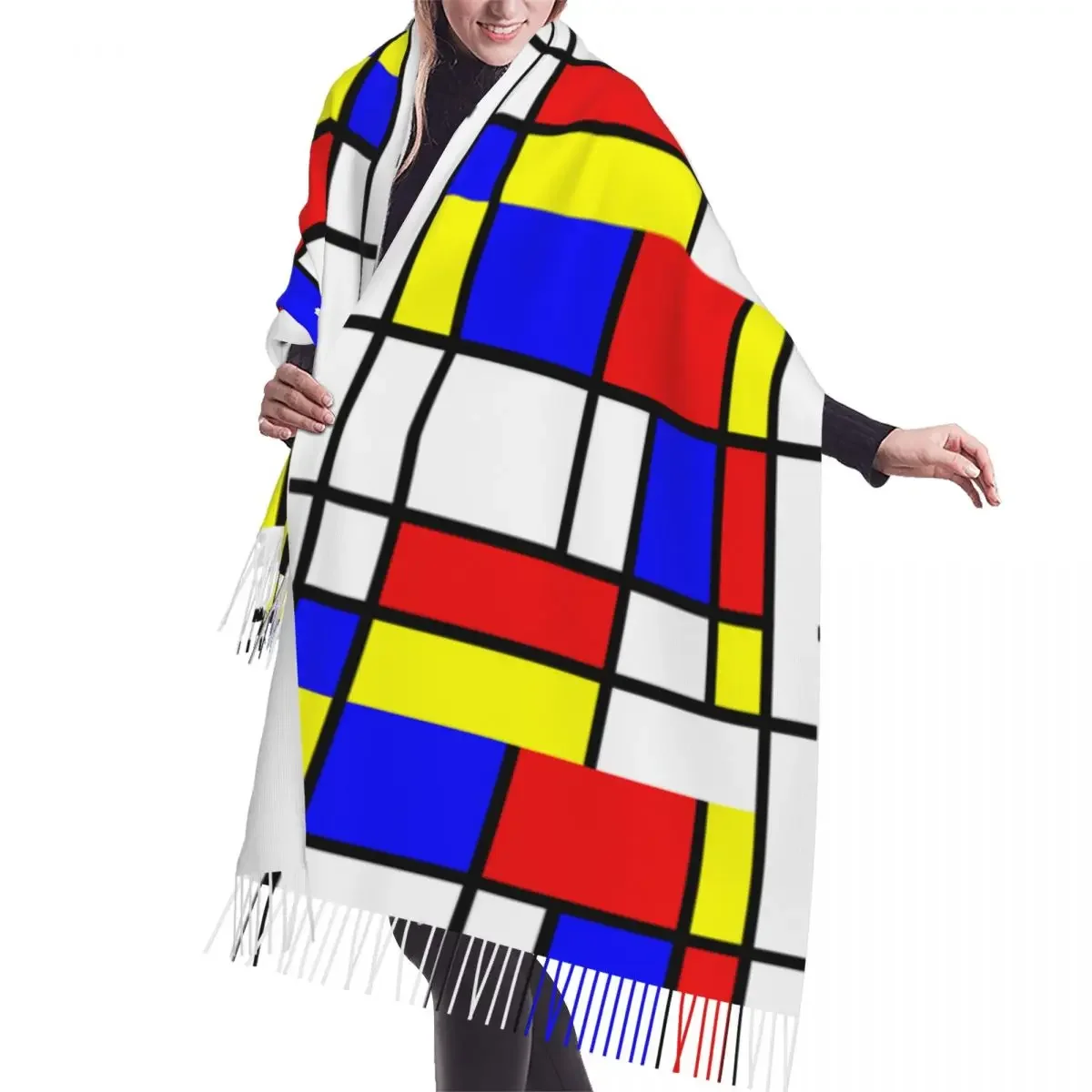 Female Piet Mondrian Minimalist De Stijl Modern Art Scarves Women Winter Soft Warm Tassel Shawl Wraps Fashion Versatile Scarf