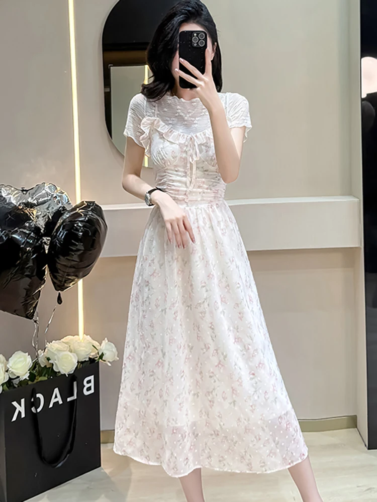 Letnia sukienka na ramiączkach z żakardu w kwiaty z szyfonu, elegancka, z falbankami + koronkowe koszulki, dwuczęściowe zestawy damskie, nowe koreańskie eleganckie komplety sukienek, lato 2025