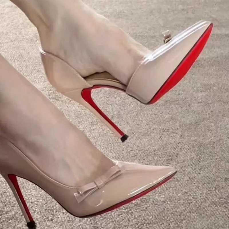 Side Empty Single Shoes Autumn New Pointed Toe Shallow Mouth Bow Slip-on Anti-Slip Wear-Resistant High Heels