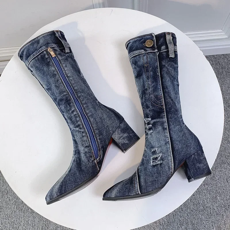 Sexy Jean Boots Women\'s Mid Calf Boot Zipper High Heel Woman Stylish Jeans Boots Ladies Denim Boot Female Shoes Cowboy 2024