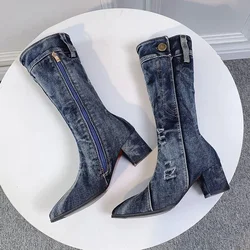 Sexy Jean Boots Women's Mid Calf Boot Zipper High Heel Woman Stylish Jeans Boots Ladies Denim Boot Female Shoes Cowboy 2024