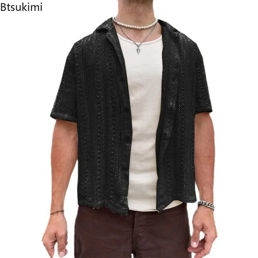 2025 Men\'s Hollow Out Knitted Shirts Summer Breathable Solid Vintage Knit Cardigan Men Casual Short Sleeve T-shirt Beach Tops