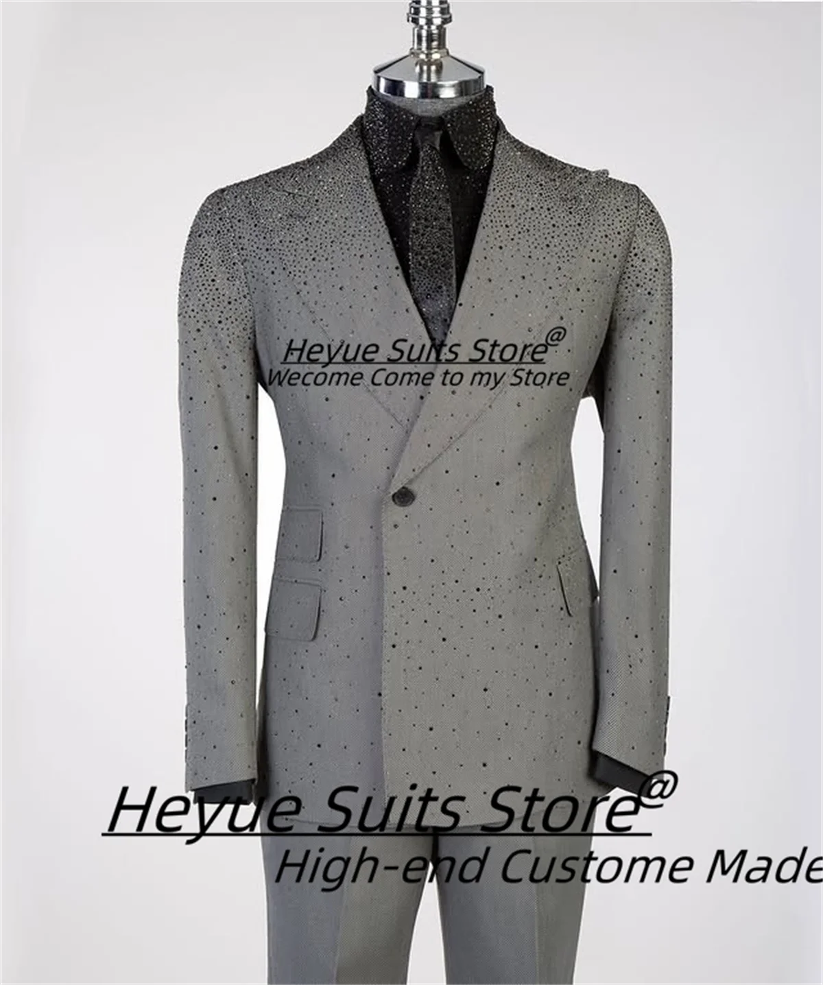 Business Gray Groom Wedding Tuxedos Shiny Diamond Luxuly Party Men Suits Customized Slim Fit Peak Lapel 2Pieces Sets Ropa Hombre