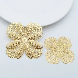 10 PCS 66mm Gold Color Metal Filigree Hollowed-out Four-leaf Flower Slice Charms Base Setting DIY Jewelry Components Findings