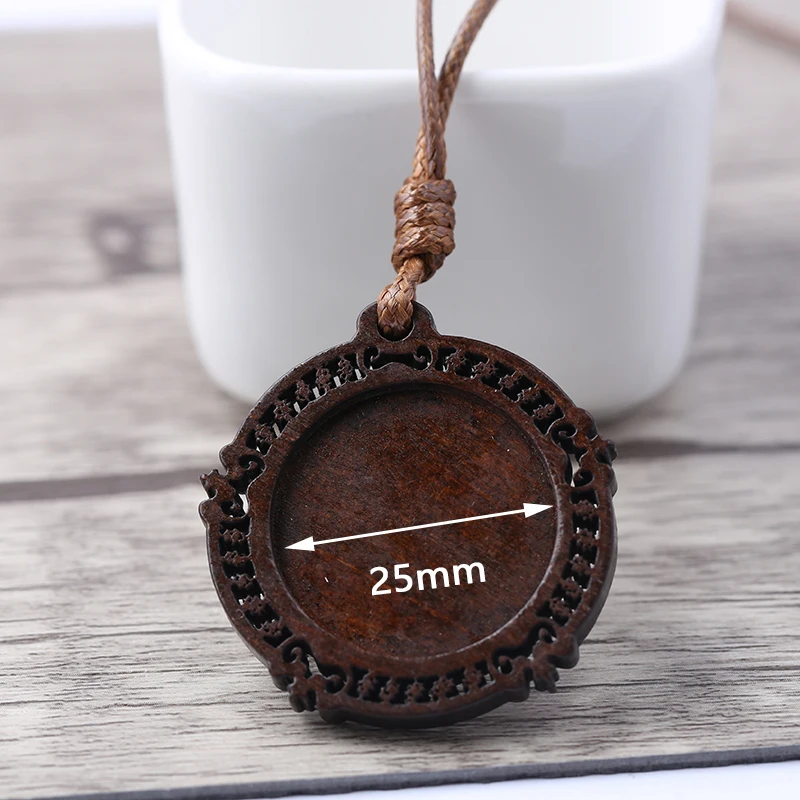 onwear 5pcs 25mm round wood cabochon blanks diy blank cameo pendant base setting trays with leather cord for jewelry making