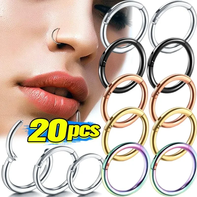 5/20pcs Nose Rings Hoop Hinged Clicker Segment Nose Rings Ear Cartilage Ring Clip Stainless Steel Ear Nose Ring Body Jewelry