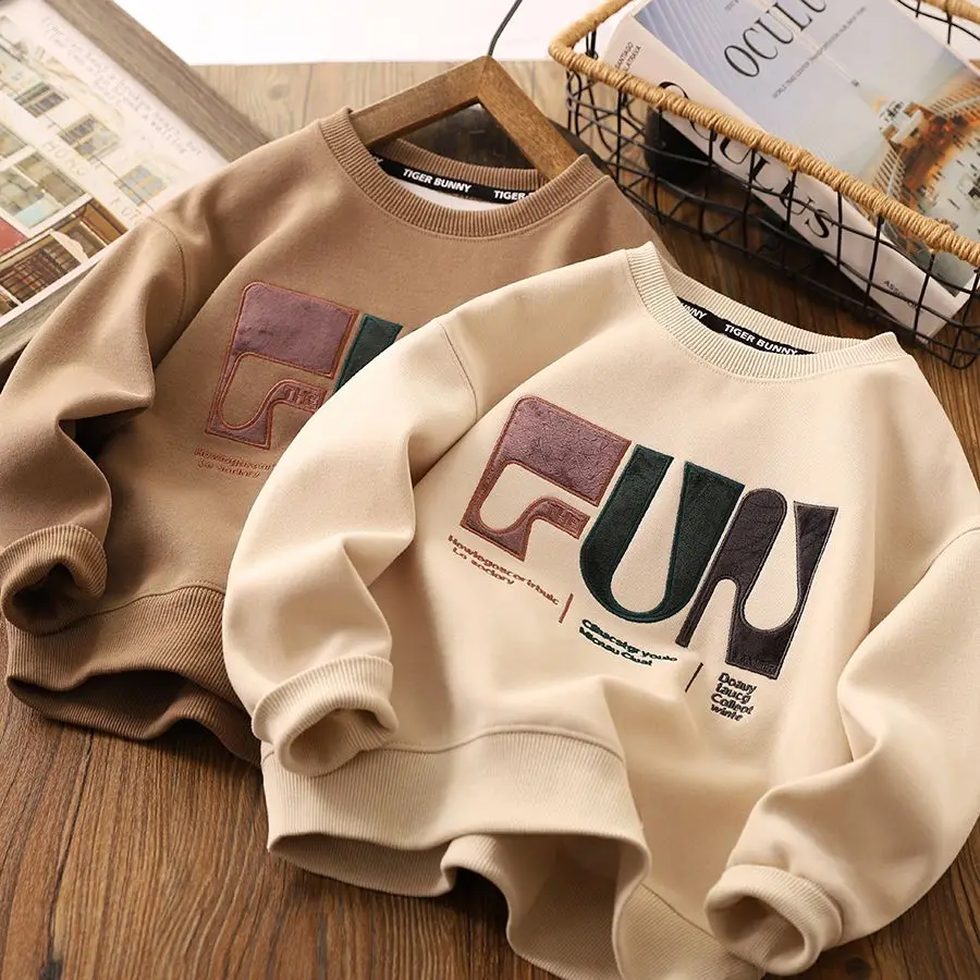 

Boys' Round Neck Sweater Spring and Autumn New Children's Letter Embroidered Sports Top Children and Teens Long Sleeves T-shirt