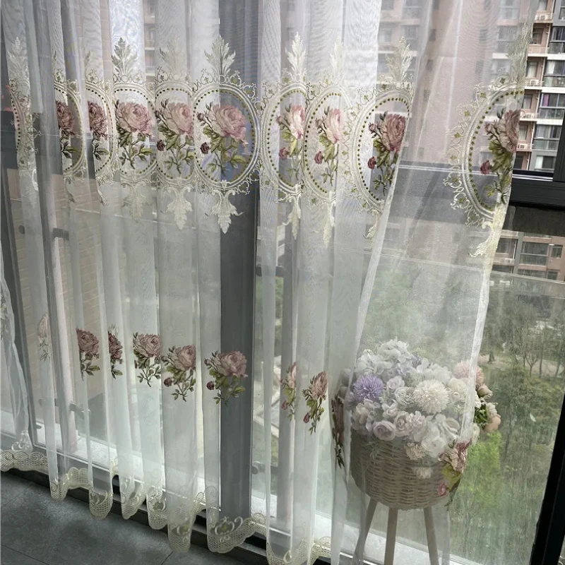 European Luxury Peony Tulle Sheer Curtain For Living Room Elegant Flower Embroidery Voile Drapes For Bedroom