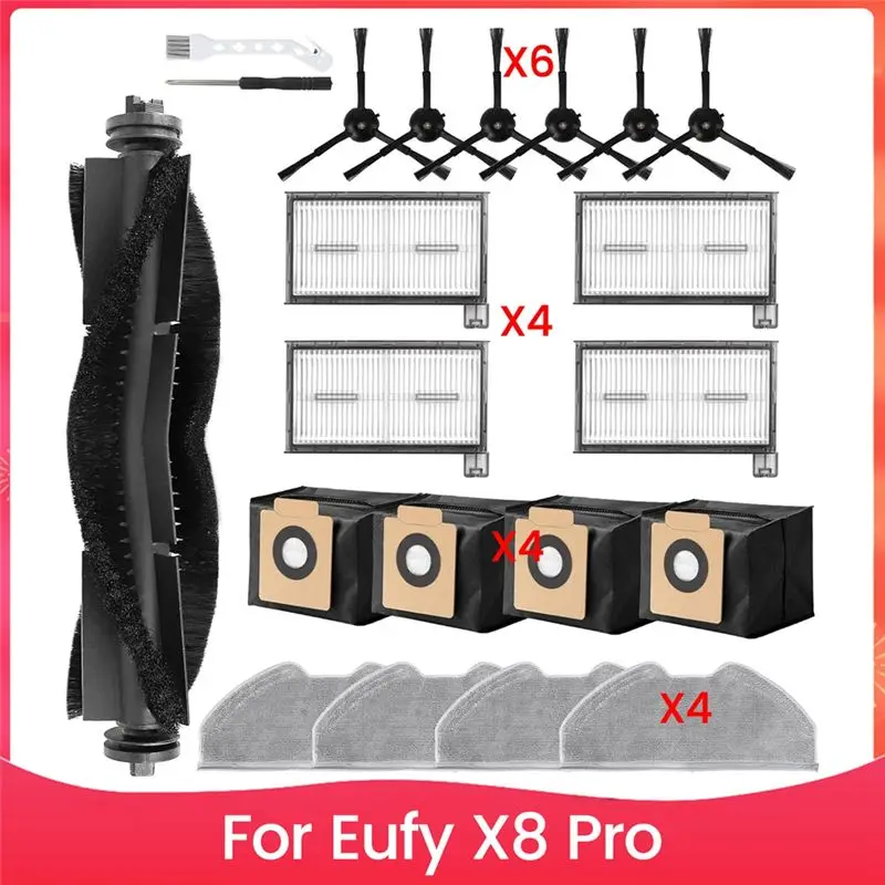 

Комплект аксессуаров для робота-пылесоса Eufy X8 Pro: основная и боковые щетки, моющиеся фильтры, мешки для пыли, салфетки для уборки.