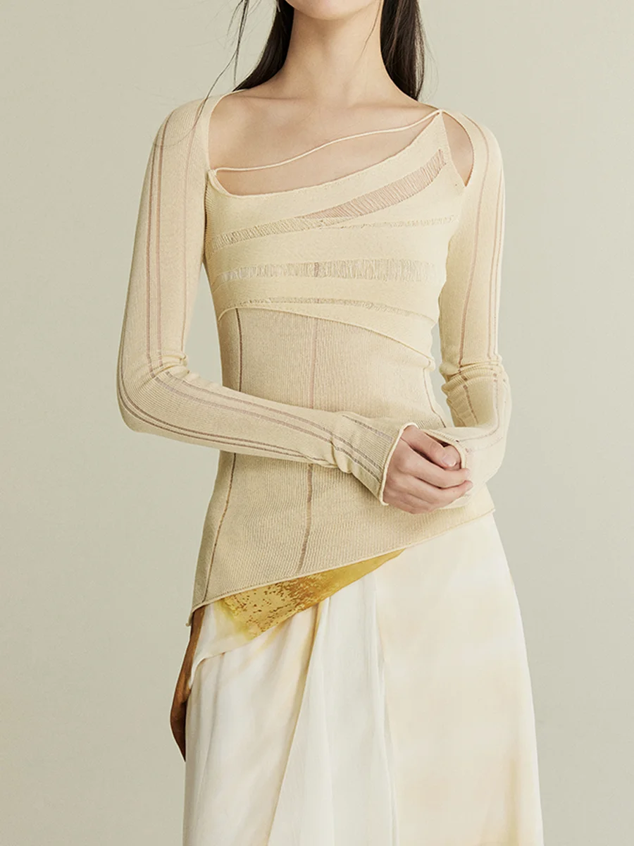 

MURMURMI Асимметричная полая длинная футболка Све, женская повседневная дышащая весенняя футболка узкого кроя Faion