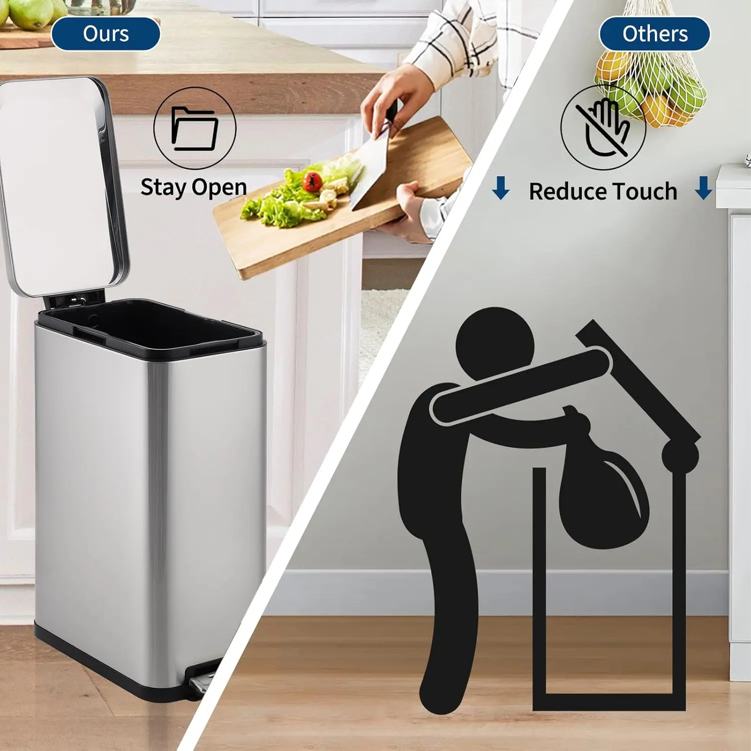 Tacleekii 13 Gal 50L Kitchen Trash Can with Step-On Soft Closed Lid Stainless Steel Garbage Can Fingerprint-Proof, Hands-Free Step Foot Pedal for Narrow Spaces Bathroom Office