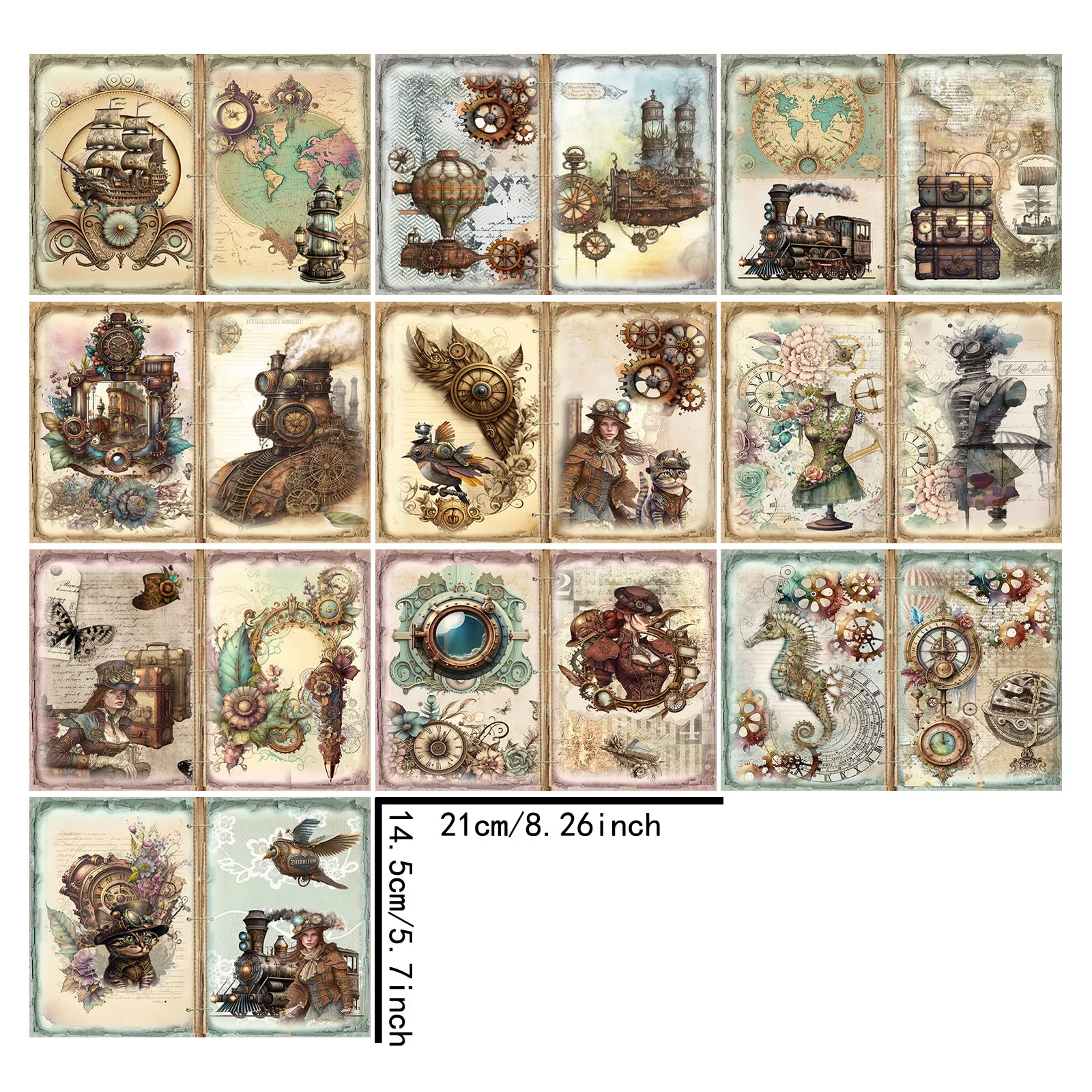 10 Sheets A5 Size Retro Steampunk Girls Costume Train Gear Vintage Grunge Journal Planning Scrapbooking