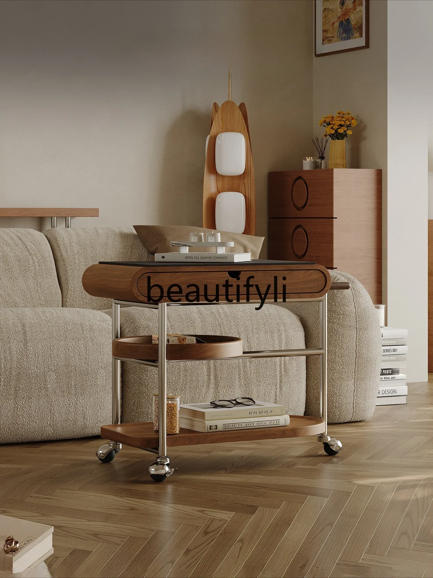 

A few trolleys by the sofa, rock slabs removable walnut leather, light luxury living room, home coffee table