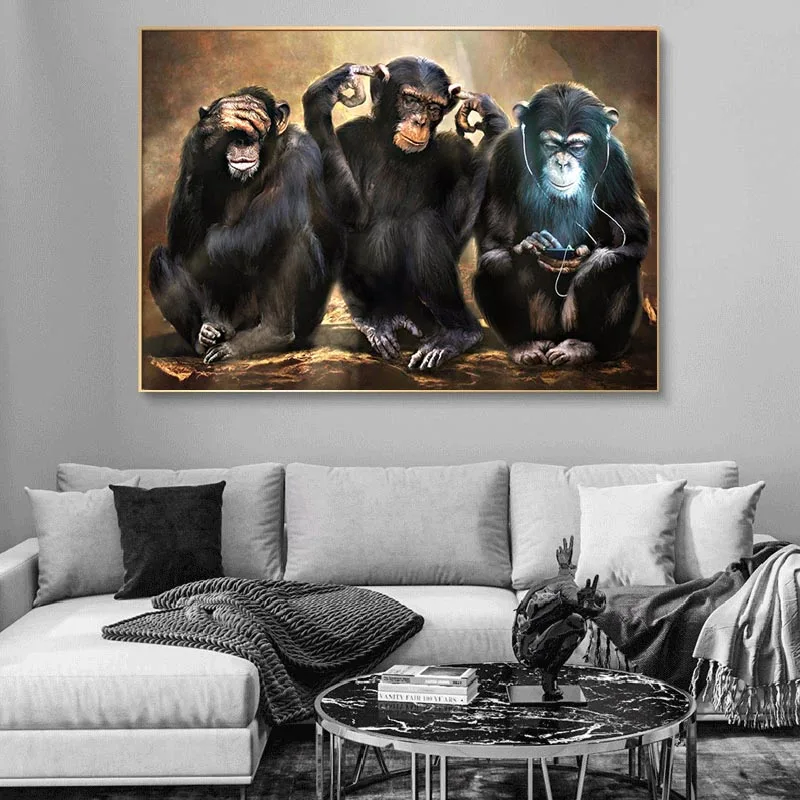 Vintage Canvas Painting Animal Monkey Wall Art Three Funny Orangutans Oil Painting Wall Picture for Home Decor Print Posters