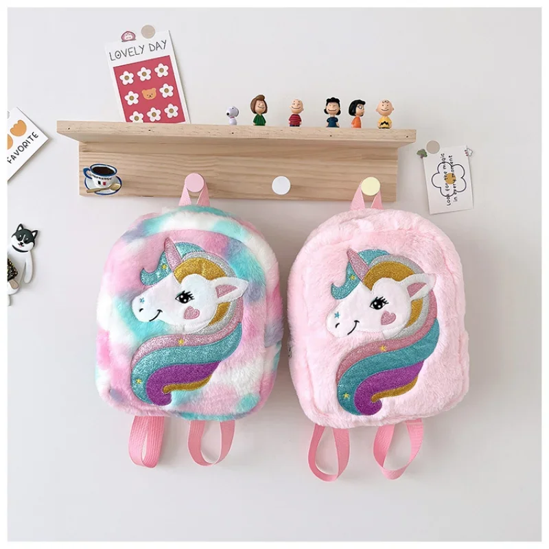 Mochila de dibujos animados de felpa para niñas, bolso escolar de unicornio bordado, mochila ligera colorida para bebé, guardería