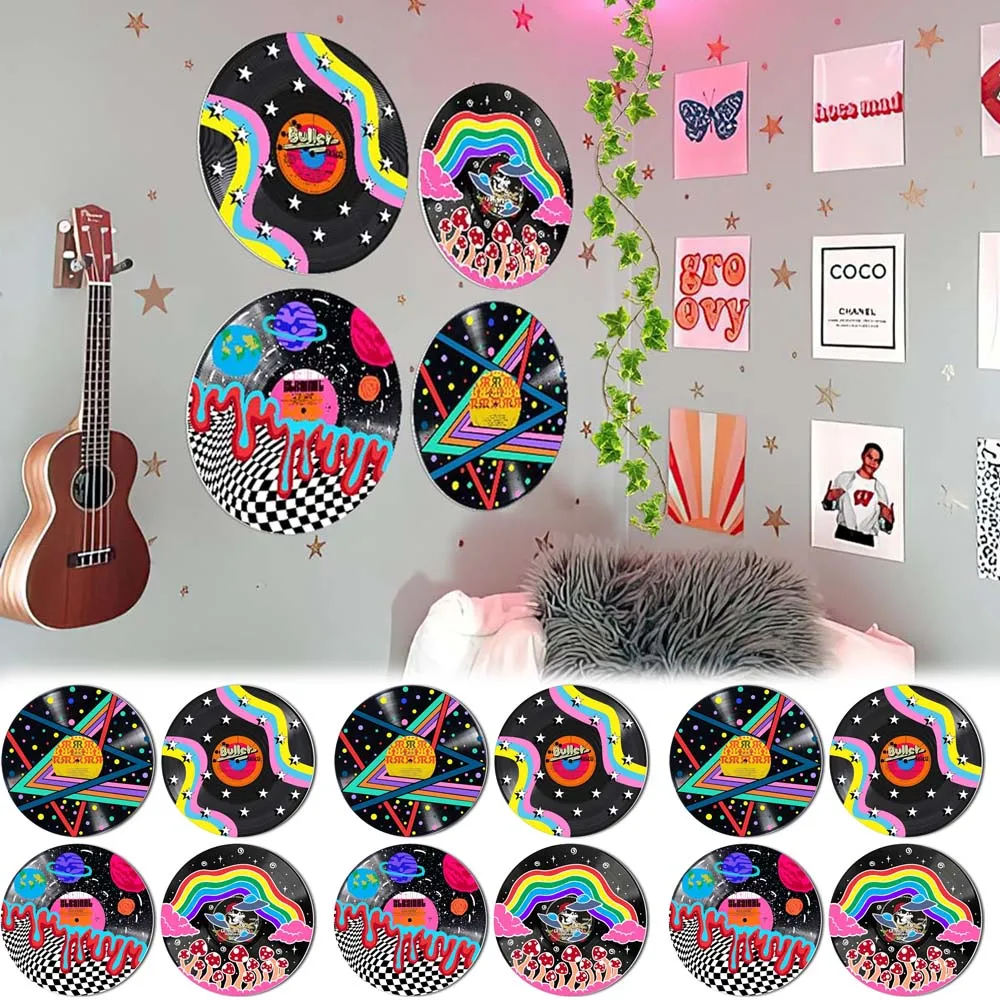 4Pcs PVC Trendy Record Wall Decor Retro Records Wall Decals DIY Wall Sticker for Aesthetic Disco Music Party Decor Supplies