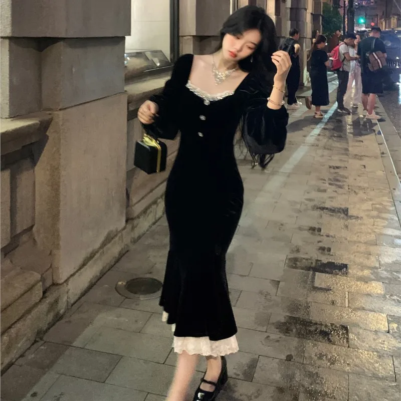 Elegant Black Velvet Midi Dresses for Women Square Collar Slim Bodycon Ruffles Patchwork Fishtail Autumn New Evening Party Dress