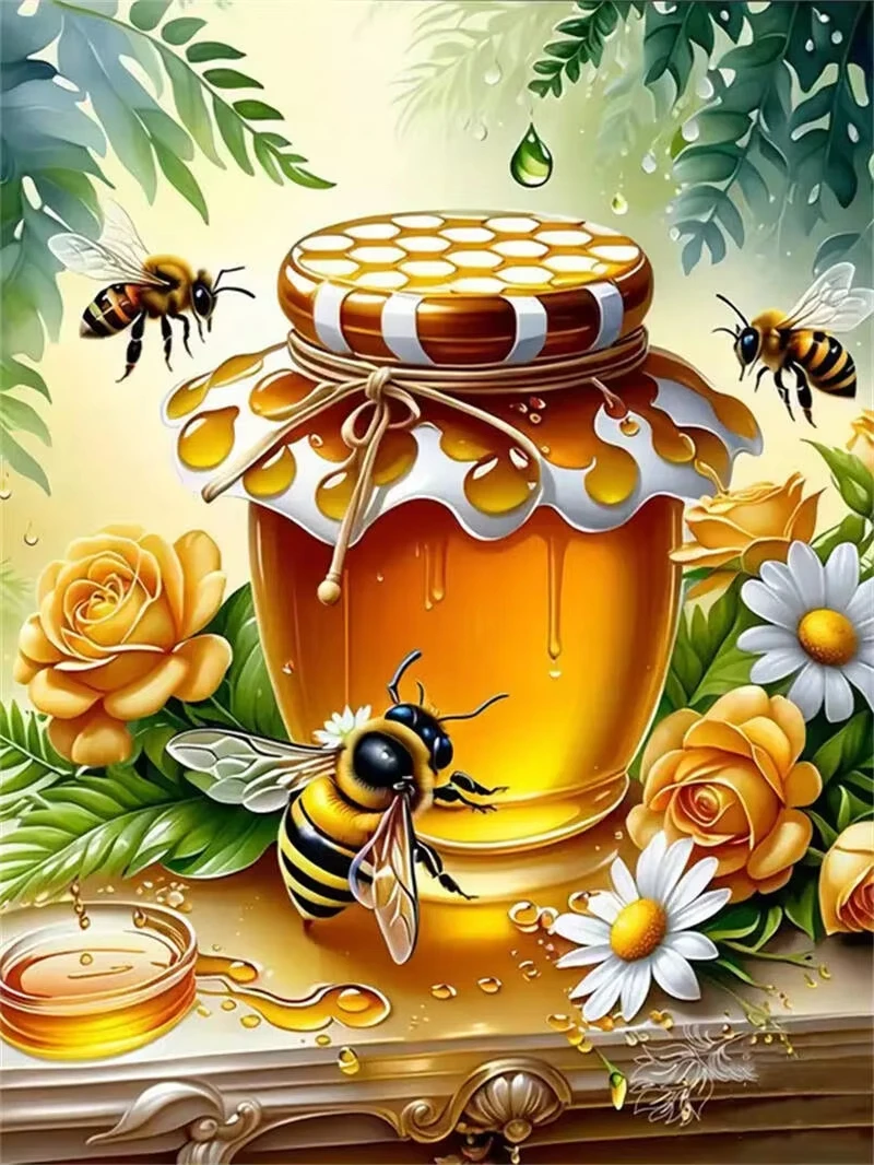 

Warm Honey Jar Bee & Wildflower Still Life Jigsaw Puzzle, Country Fresh Nectar Fruit Home Wall Decor