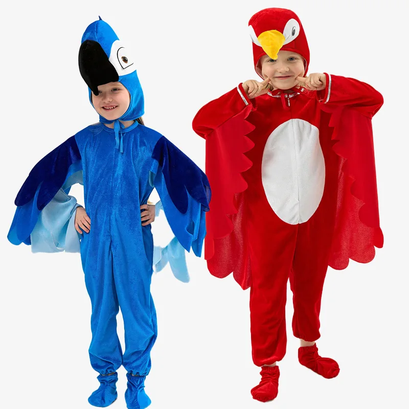 Kids Parrot Costume in Red & Blue, Velvet Animal Dress for Stage Performance