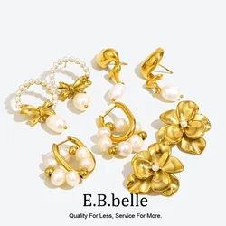 E.B.belle Flower Bowknot U-shaped Imitation Pearl Series Earrings Jewelry Stainless Steel 18k Gold Plated For Elegant Women Gift