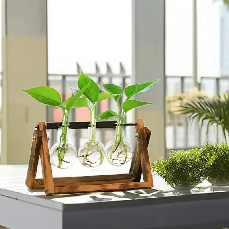 3 Bottles Wooden Stand Flower Vase Planter Ins Style Garden Office Hydroponic Decor Retro Plants Pot With Wooden Support 2024